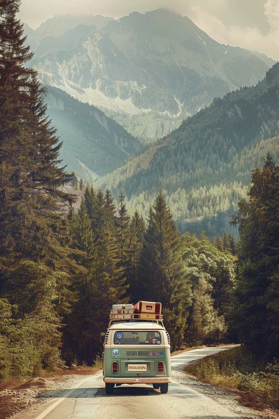 vintage bus going down the road towards wilderness